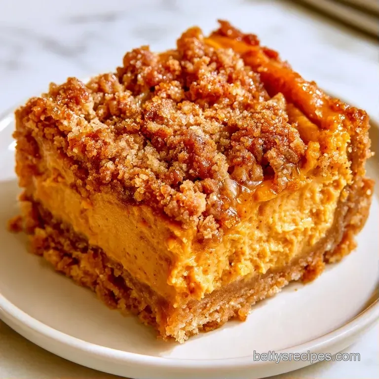 Slices of bright orange cheesecake with a golden crumble top, neatly plated to show the sandy crust and smooth filling.