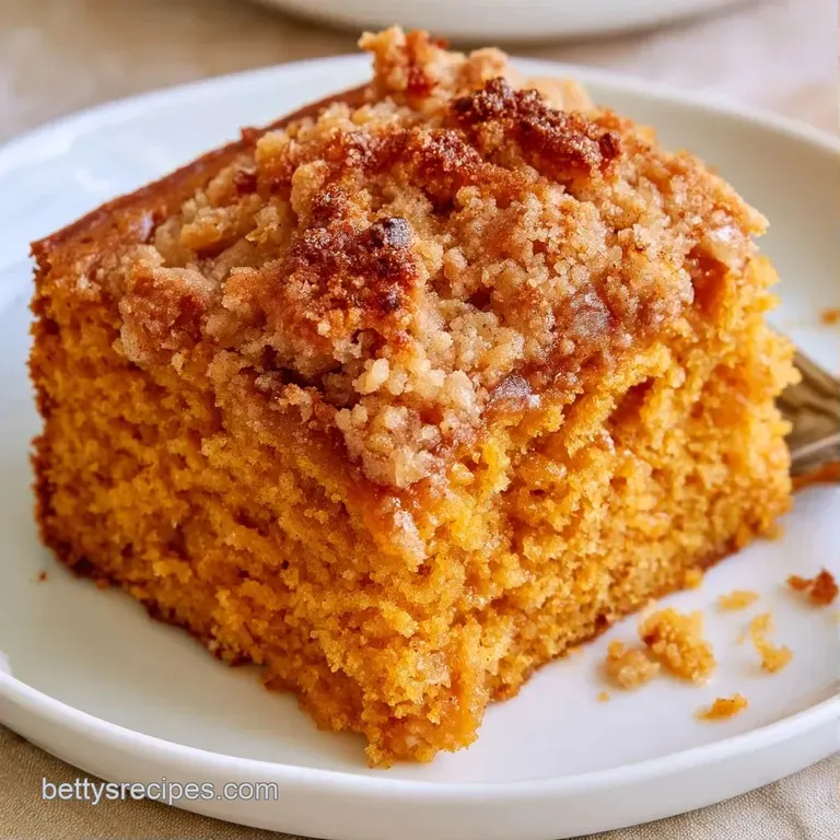 A slice of spiced orange cake topped with buttery cinnamon crumbs served on a clean white plate with soft shadows.
