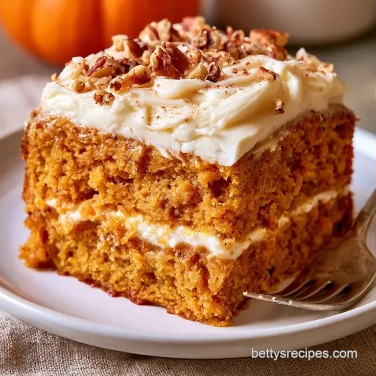 A neat slice of orange spice cake topped with swirls of creamy frosting on a white ceramic plate with a mint leaf.