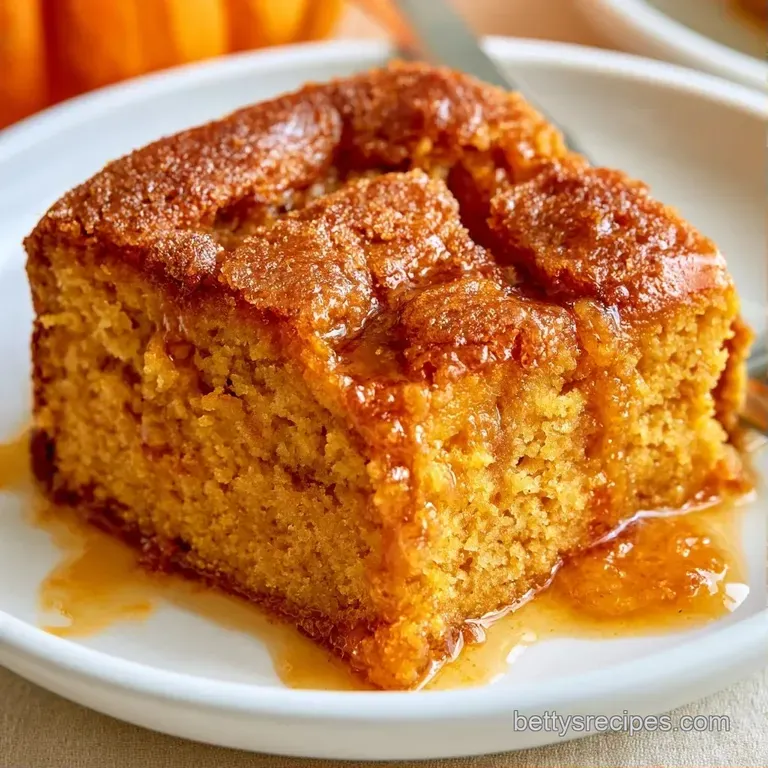 Square slice of spiced orange cake with a golden crumble crust and a dollop of cream on a white plate.