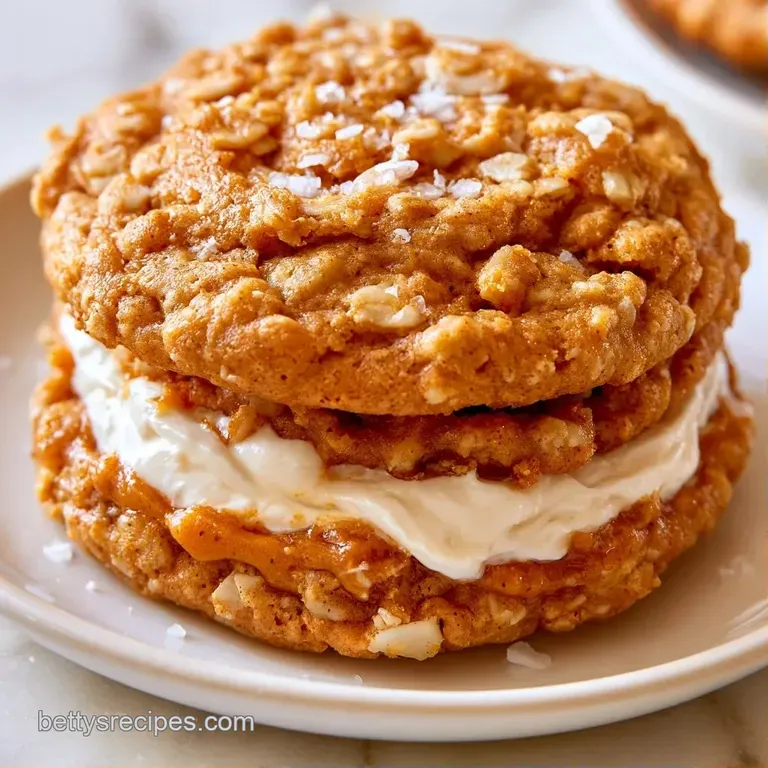A stack of spiced orange cookies with creamy white centers arranged on a white marble plate with cinnamon sticks.