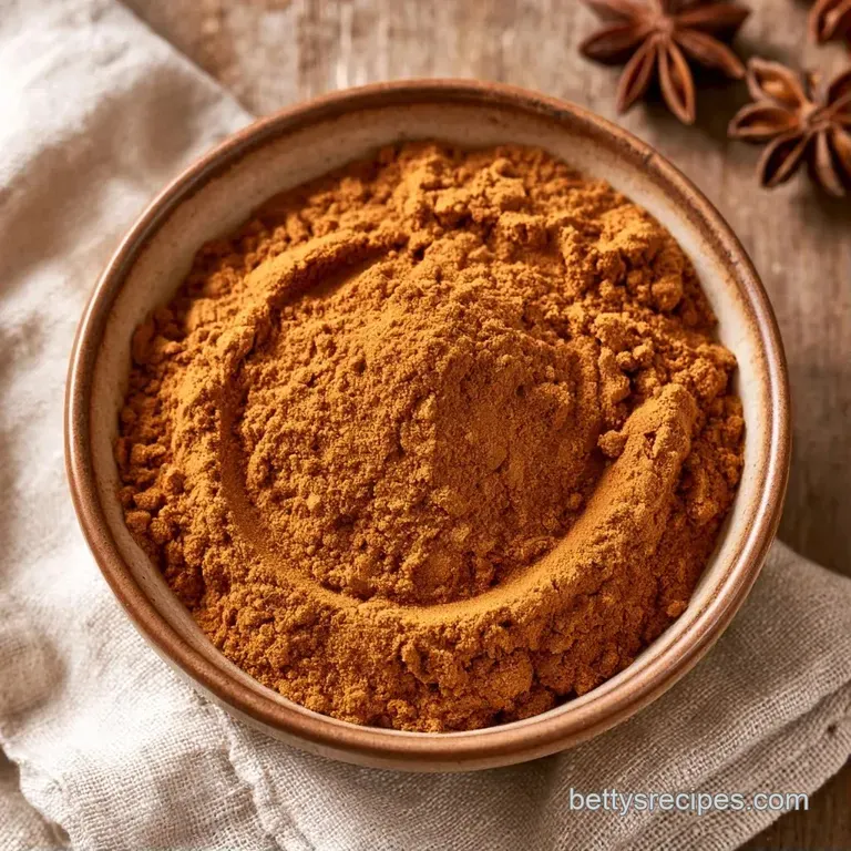A neat mound of aromatic brown spice powder on a white ceramic plate accented by a cinnamon stick and star anise.