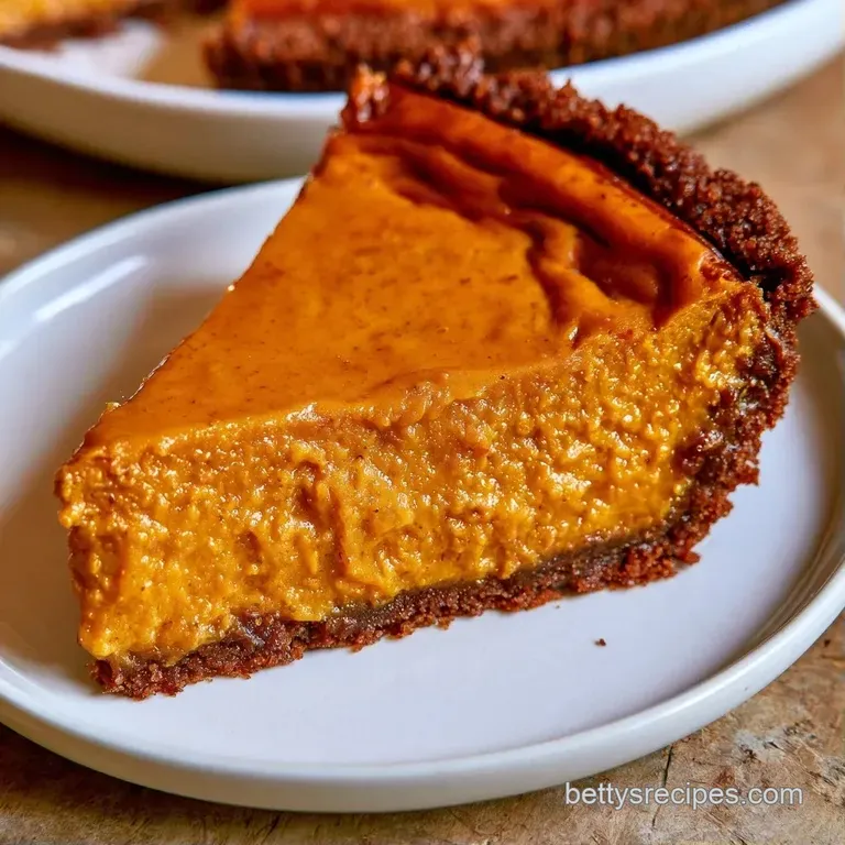 A neat slice of orange custard on a dark crumbly crust, served on a white plate with a swirl of fresh cream.