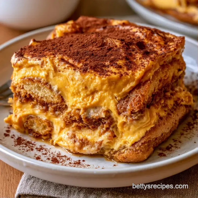 Elegant slice of pumpkin tiramisu on a white plate, showing tan ladyfinger layers and pale orange mascarpone cream