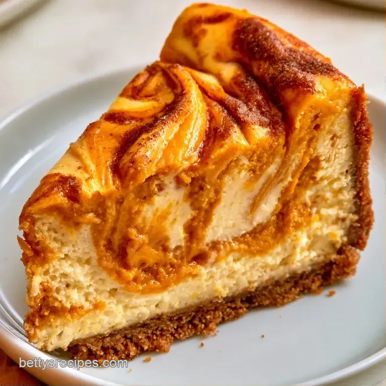 A slice of marbled orange and white cake on a porcelain plate, topped with whipped cream and a cinnamon stick.