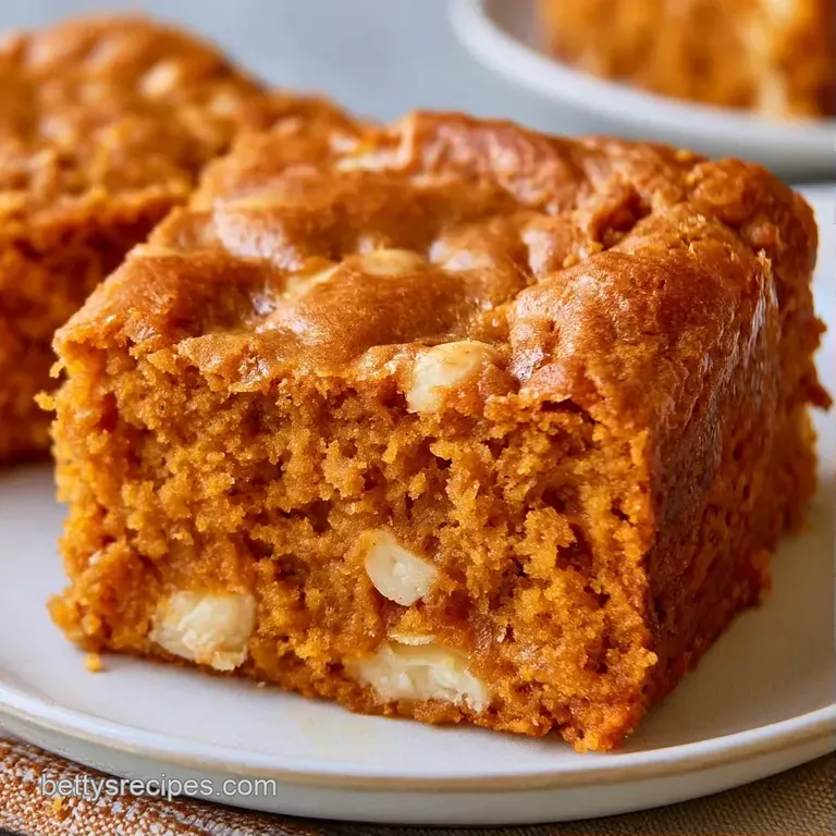 Stacked orange-brown dessert squares on a white plate, showing a moist crumb and melted white chocolate pockets.