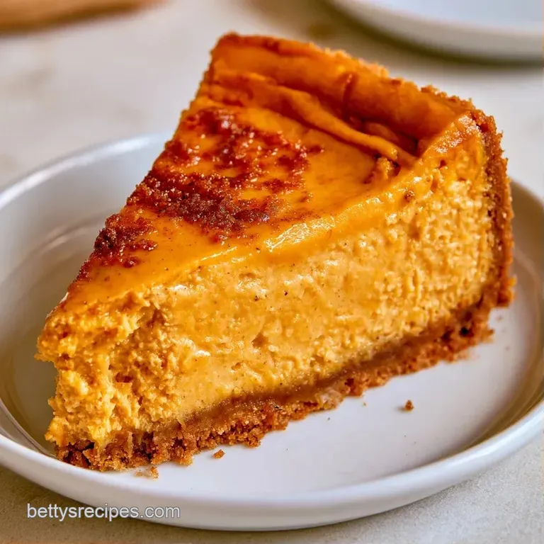 Elegant wedge of pumpkin cheesecake on a white plate, with a fine, even crumb and a dark gingersnap base below.