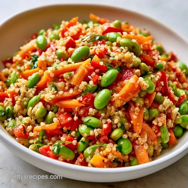 Vibrant green soybeans and golden quinoa grains tossed with red onion in a sleek, modern white ceramic bowl.