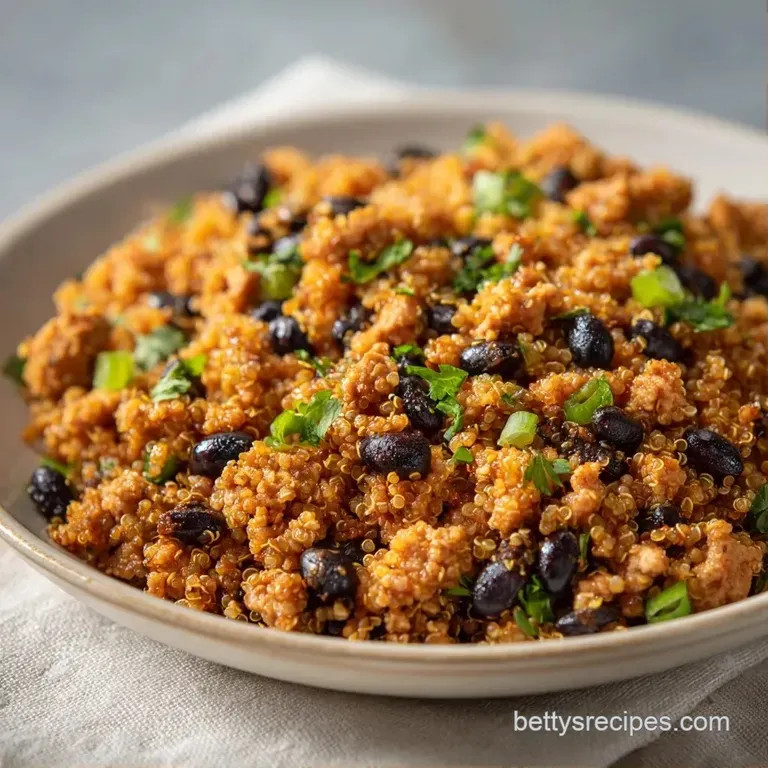 A wide cast-iron skillet filled with golden quinoa, browned turkey, and bright green peas topped with fresh parsley.