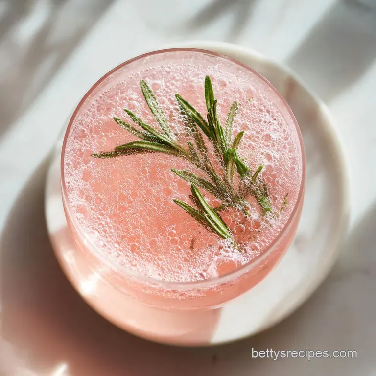 Chilled tall glass with condensation, filled with a rosy pink drink, ice, and a rosemary sprig on a white linen.