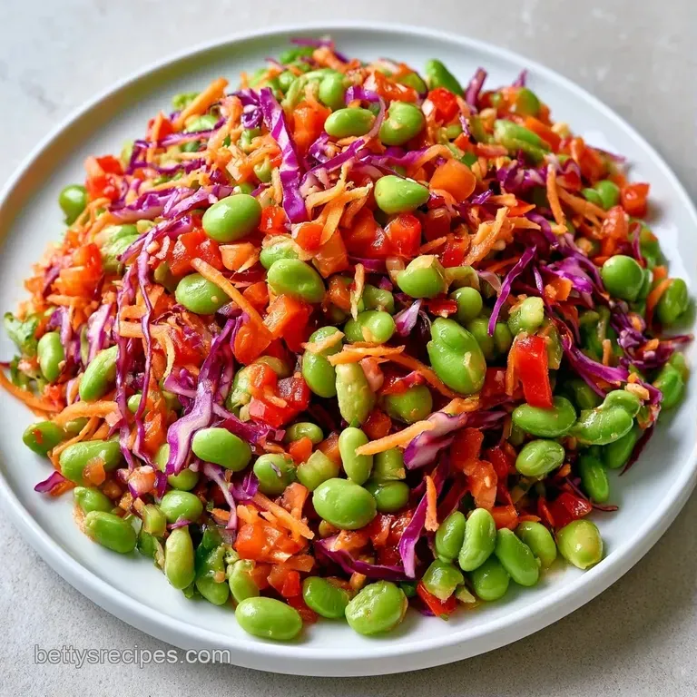 Fresh green edamame tossed with colorful vegetables in a ceramic bowl, topped with a sprinkle of toasted sesame seeds.
