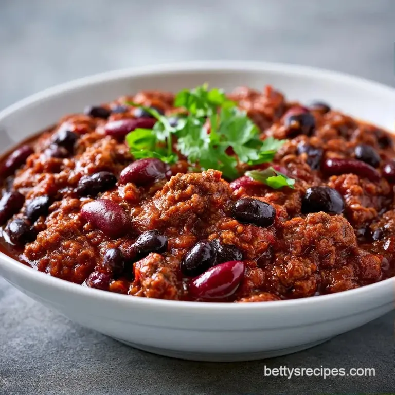 A clean white ceramic bowl filled with thick red stew, topped with a dollop of sour cream and sliced green onions.