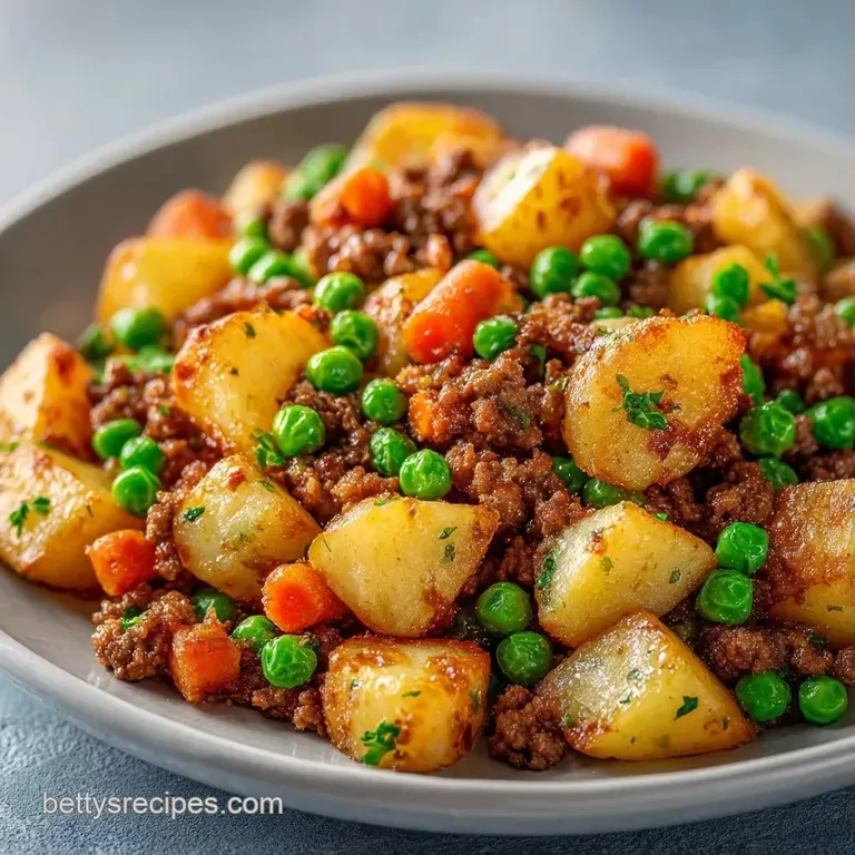 A neat heap of savory browned meat and carrots atop a mound of fluffy white rice on a white ceramic dinner plate.