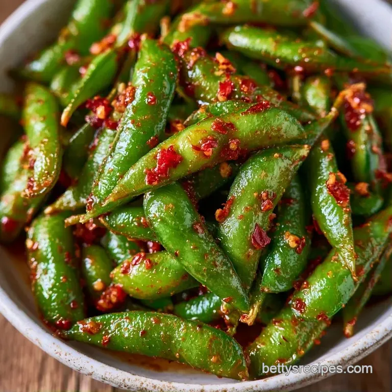 Bright green steamed soybean pods tossed with toasted garlic and chili, served in a rustic black stoneware dish.