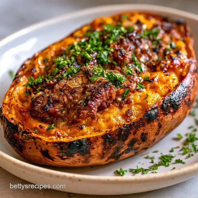 A charred orange potato overflowing with savory beef and melted cheese on a clean white ceramic dinner plate.