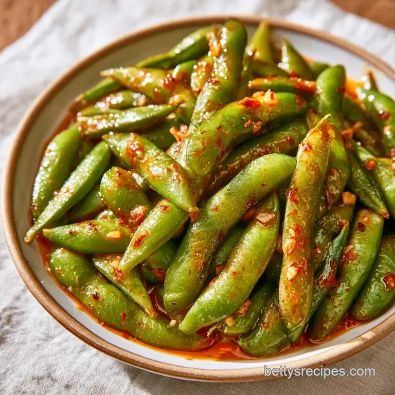 Glossy green pods piled high in a white ceramic bowl, garnished with red chili flakes and fresh sliced scallions.