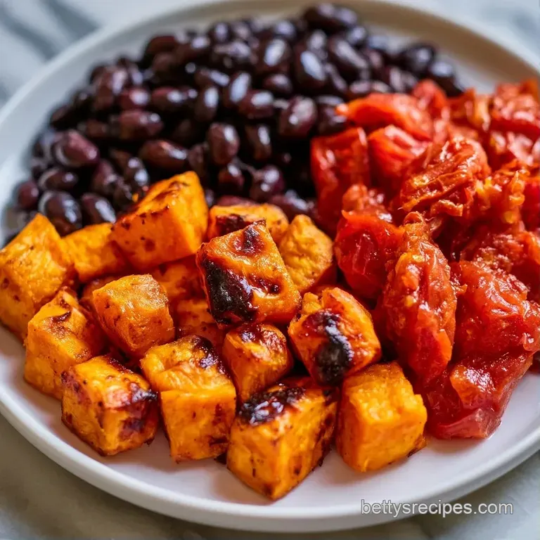 Vibrant roasted orange sweet potatoes and tender beans plated elegantly with a garnish of bright green cilantro.