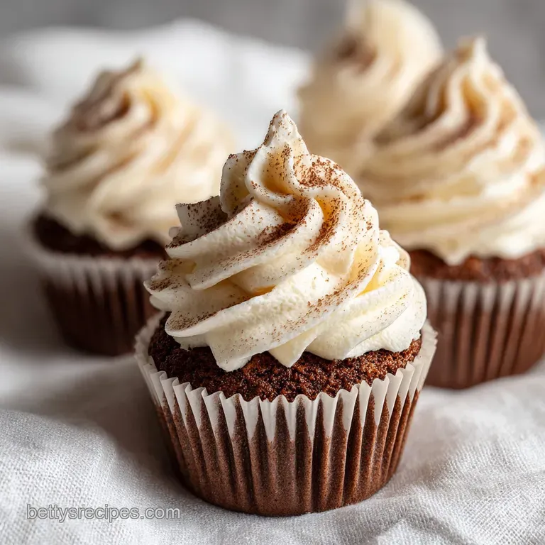Elegant arrangement of coffee-hued cakes on a white platter with creamy swirls and delicate cocoa powder.