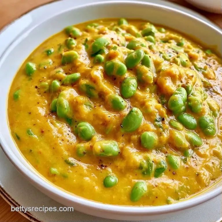 Golden-hued coconut stew with bright green soybeans, garnished with fresh herbs and served beside fluffy white rice.