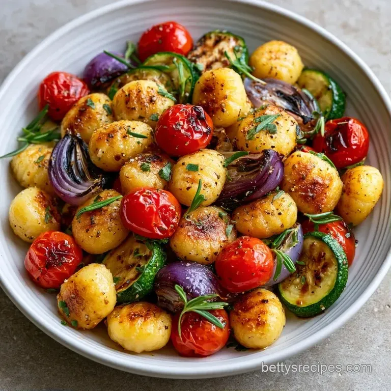 A ceramic plate of pan-roasted gnocchi with charred zucchini and melted parmesan, garnished with fresh parsley.
