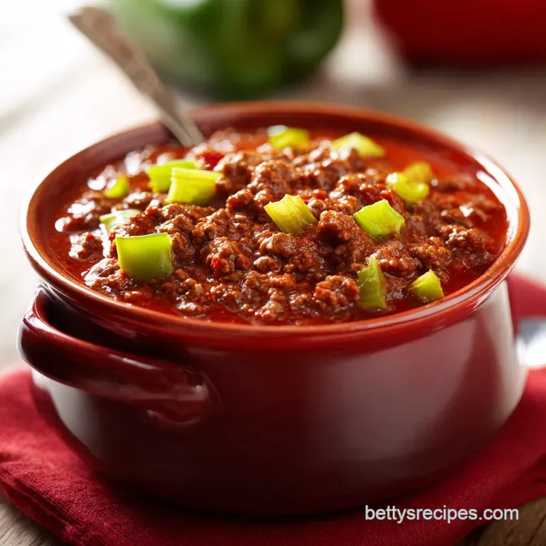 A white ceramic bowl filled with rich red chili, topped with melted cheddar cheese and sliced green onions.