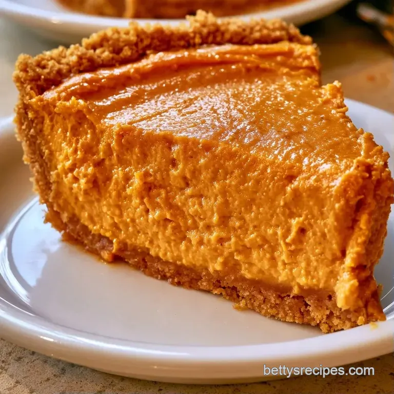 A neat slice of airy orange pumpkin mousse on a crumbly crust, plated with a mint leaf on a white ceramic dish.