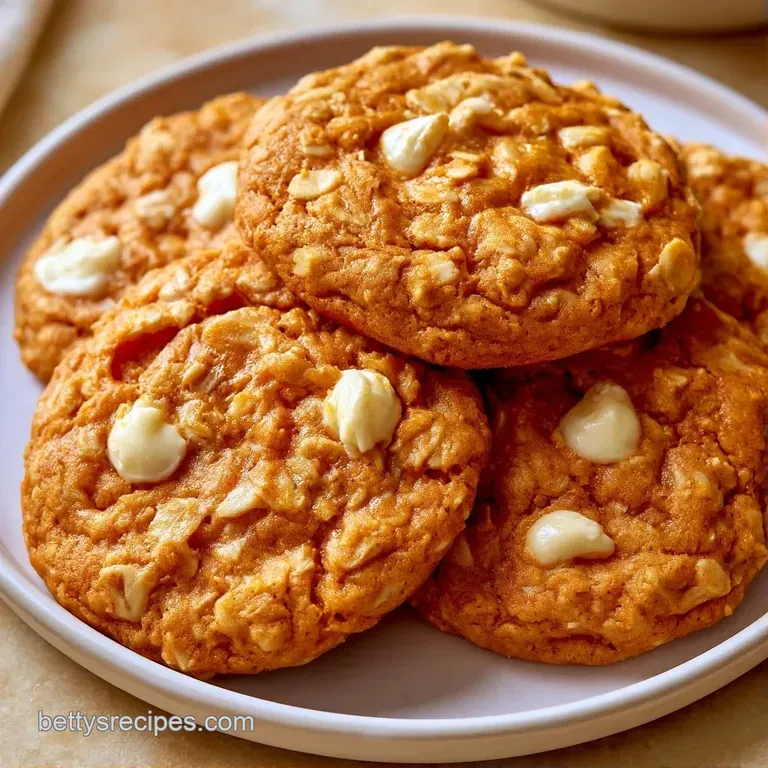 Elegant plate of pale orange cookies with glossy white chocolate chips and flecks of oat on crisp white linen